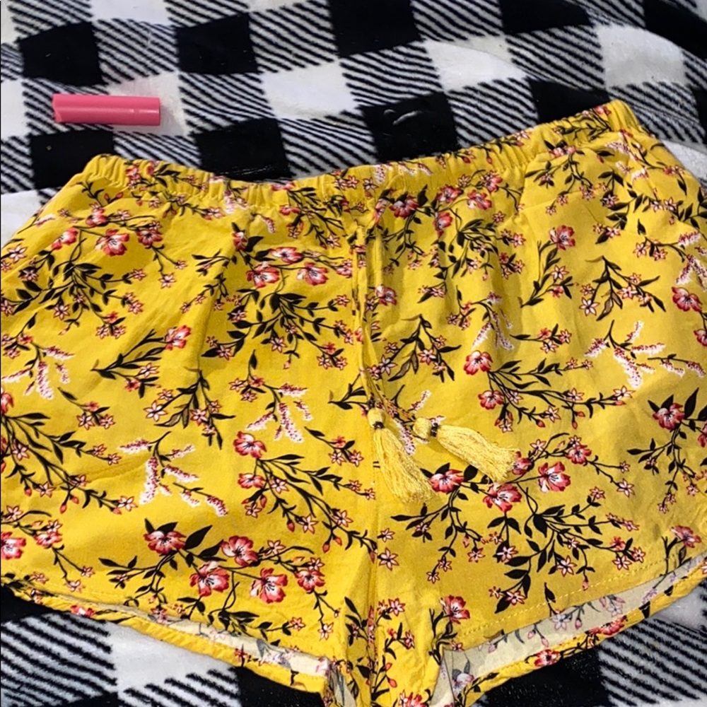 yellow and pink flower print shorts